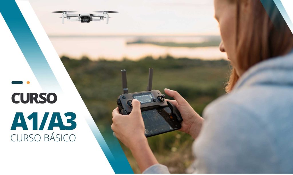 Alumna pilotando un dron al aire libre. Promoción del Curso Básico oficial A1/A3 para conseguir tu certificado y aprender a volar drones.